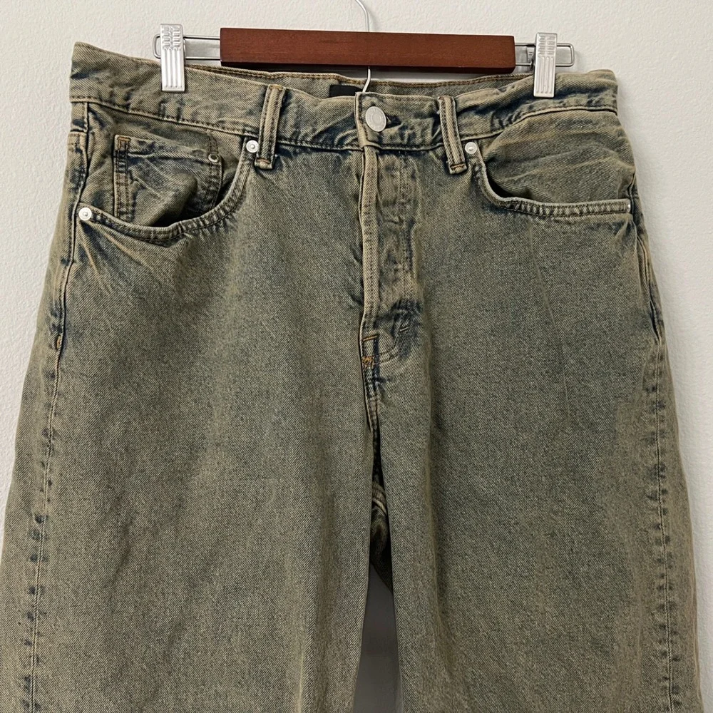 H&M Mens 34x34 Green Acid Wash Loose Straight Jeans Button Fly 100% Cotton